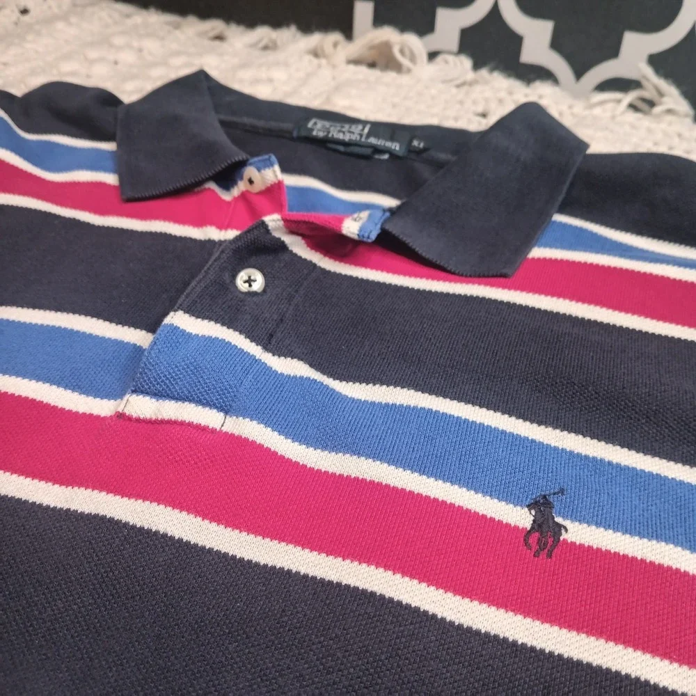 Vtg Polo Ralph Lauren Polo Shirt XL Men Blue Red White Stripe USA Pony Kanye Y2K